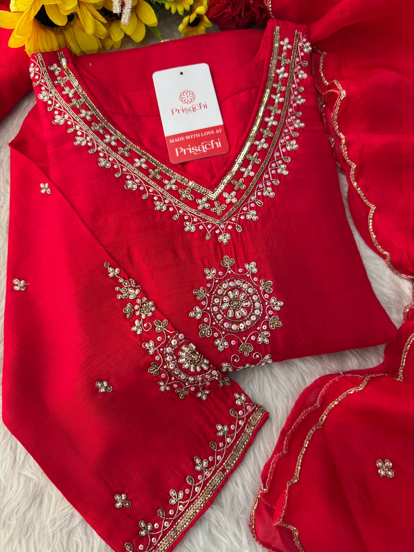 Red Zardozi Embroidered Kurta Set for Women with Pants & Dupatta | Traditional Ethnic wear