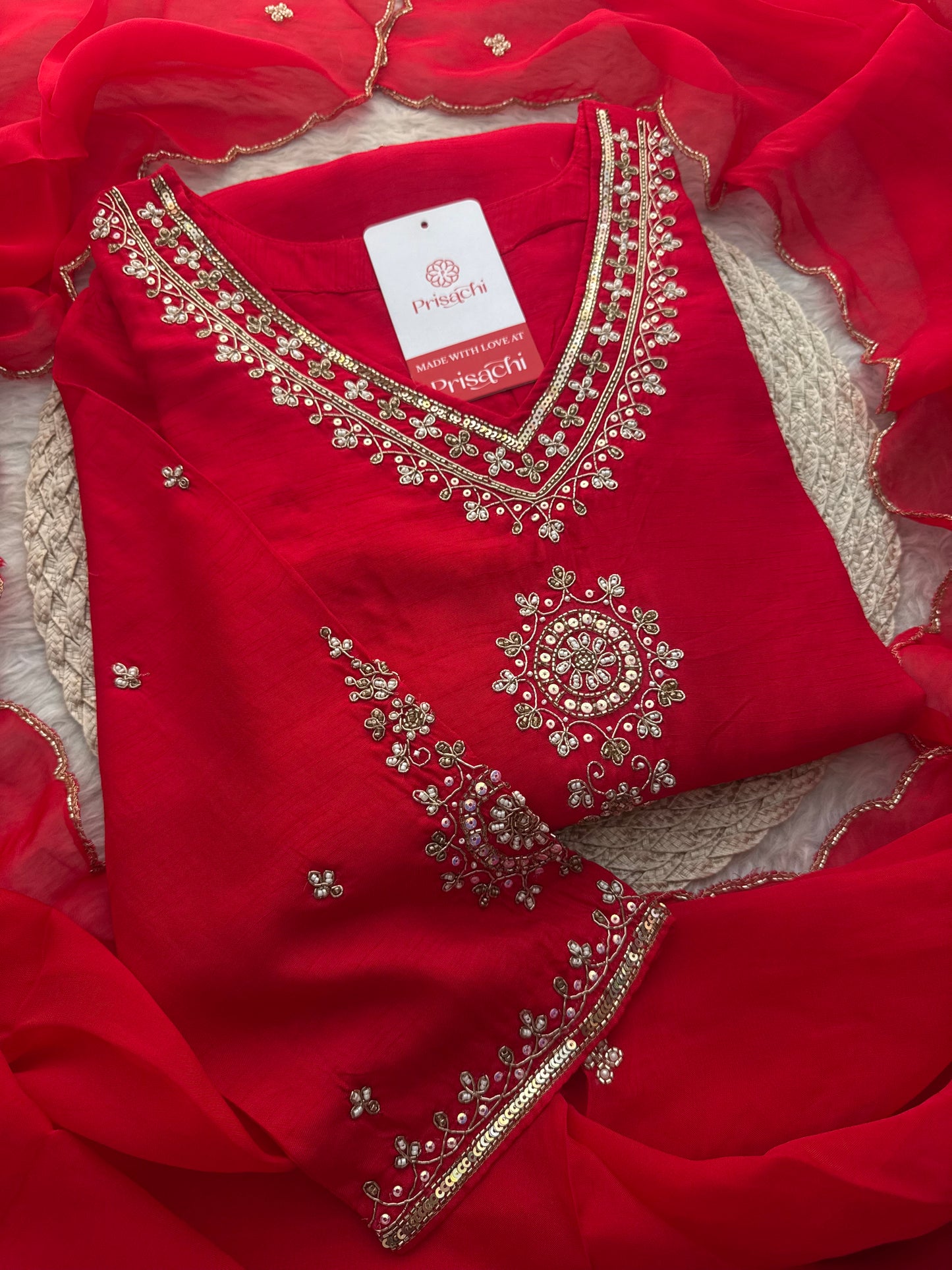 Red Zardozi Embroidered Kurta Set for Women with Pants & Dupatta | Traditional Ethnic wear
