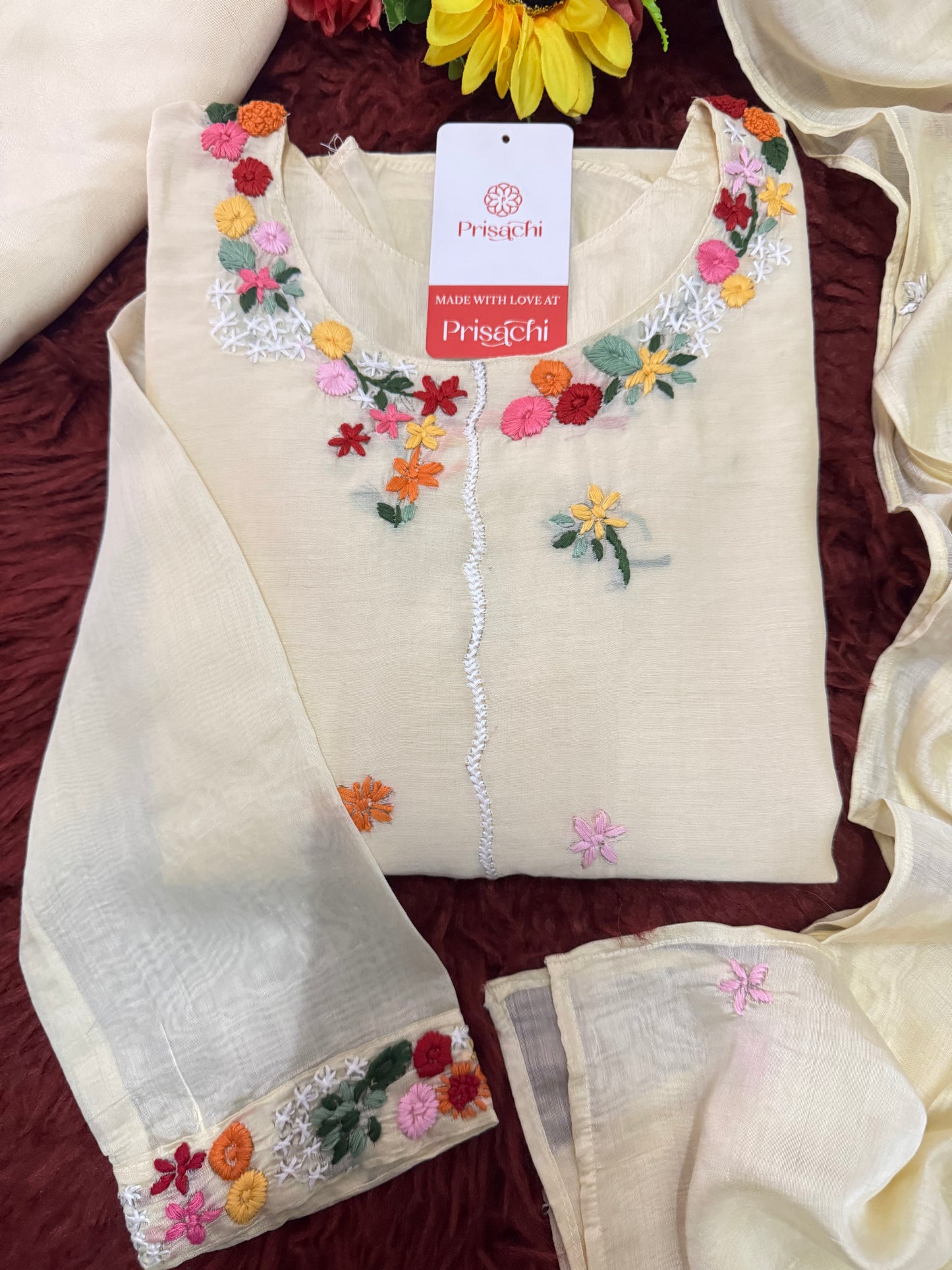 Off White Embroidered A-Line Ethnic Kurta Set with Dupatta & Pant