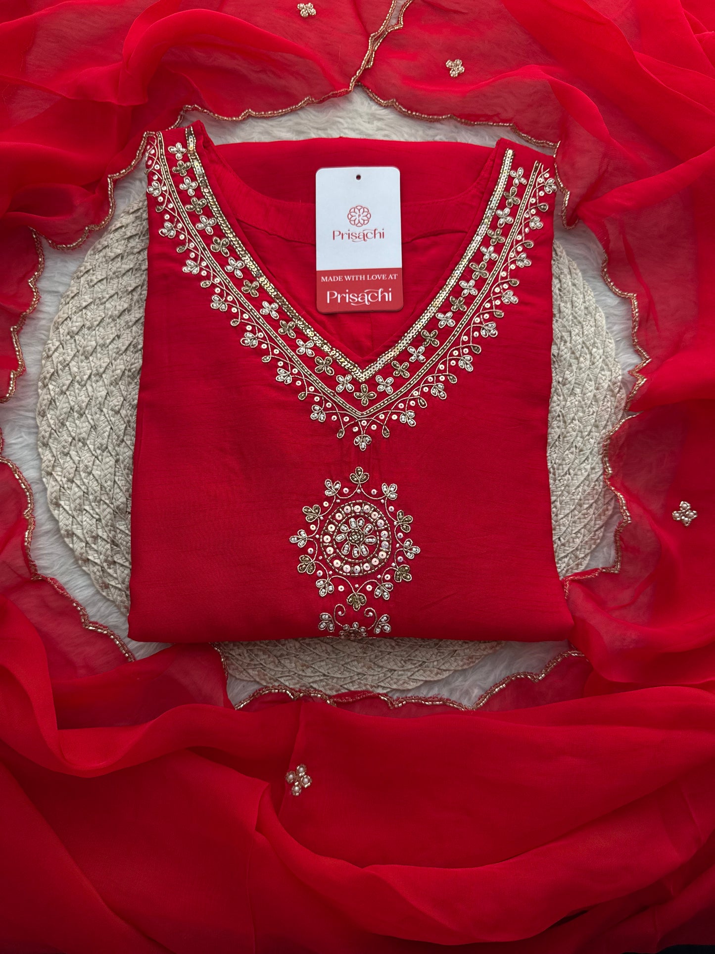 Red Zardozi Embroidered Kurta Set for Women with Pants & Dupatta | Traditional Ethnic wear