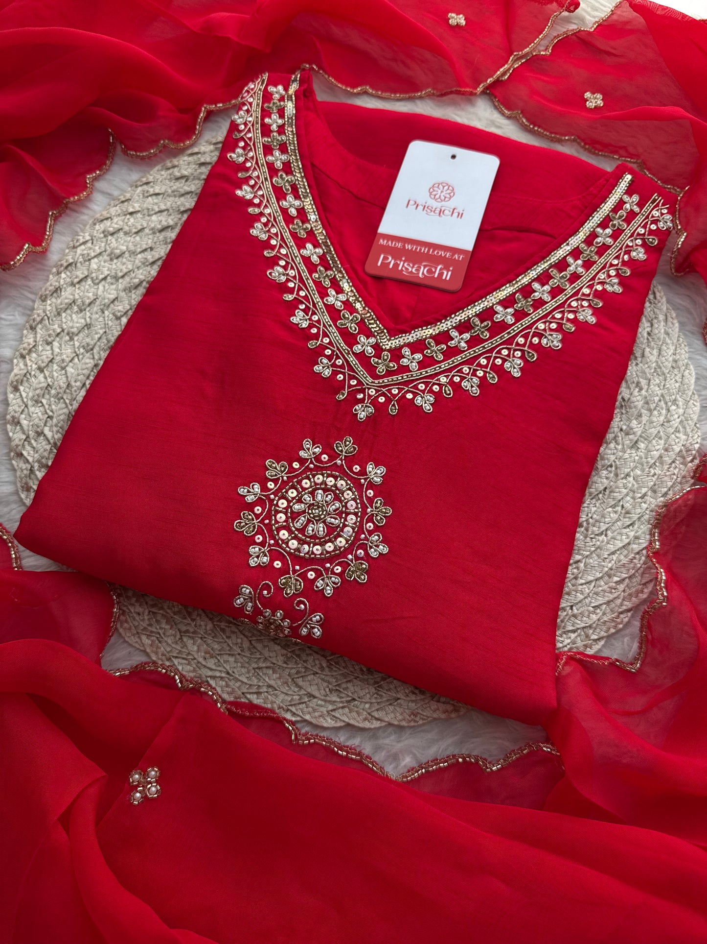 Red Zardozi Embroidered Kurta Set for Women with Pants & Dupatta | Traditional Ethnic wear