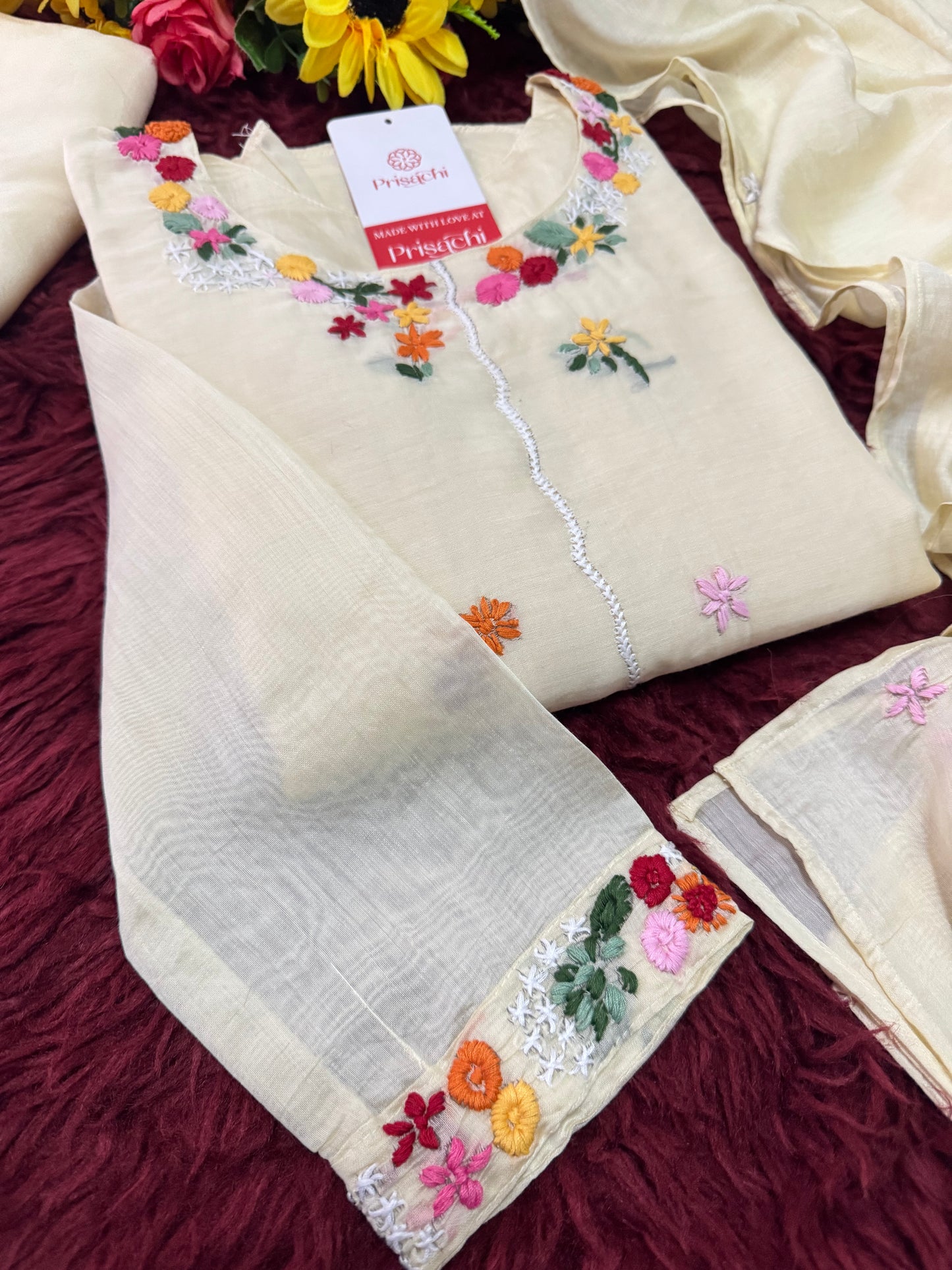 Off White Embroidered A-Line Ethnic Kurta Set with Dupatta & Pant