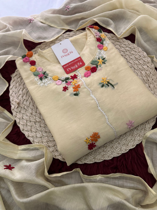 Off White Embroidered A-Line Ethnic Kurta Set with Dupatta & Pant