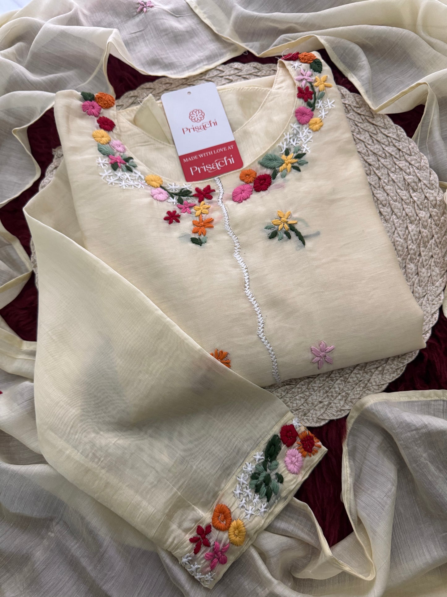 Off White Embroidered A-Line Ethnic Kurta Set with Dupatta & Pant