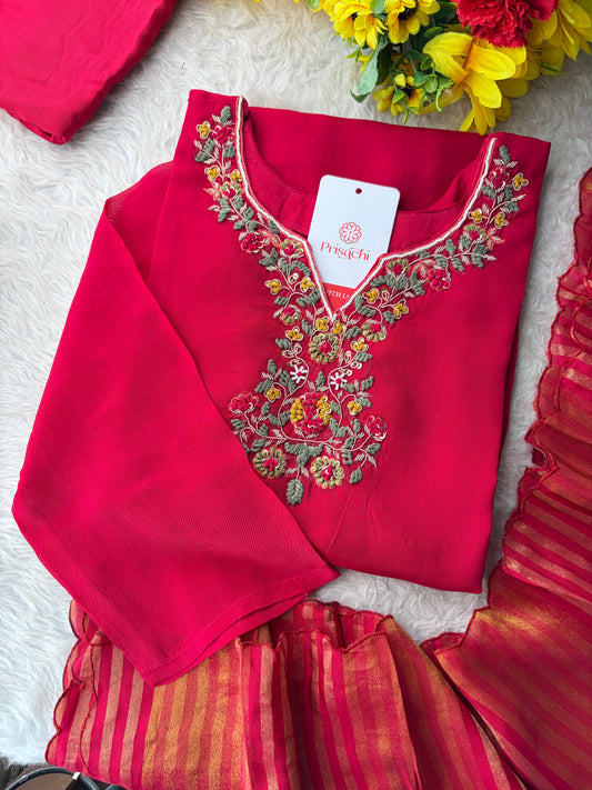 Pink Zardozi Embroidered Kurta Set for with Broad Antique Gold Hem Border, Pants & Dupatta | Traditional Ethnic Suit