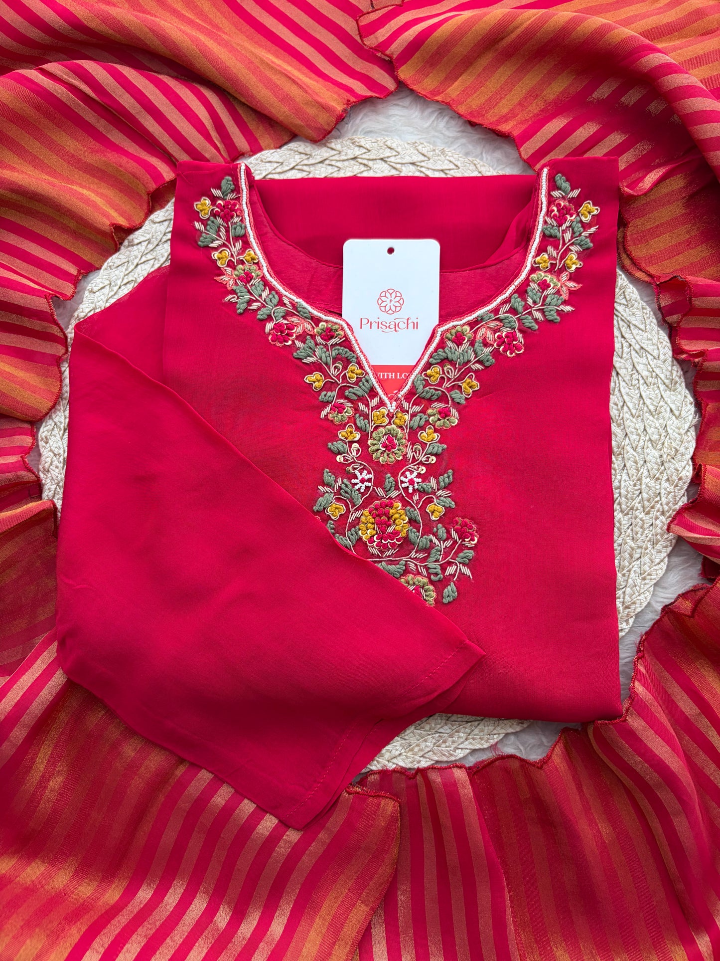 Pink Zardozi Embroidered Kurta Set for with Broad Antique Gold Hem Border, Pants & Dupatta | Traditional Ethnic Suit