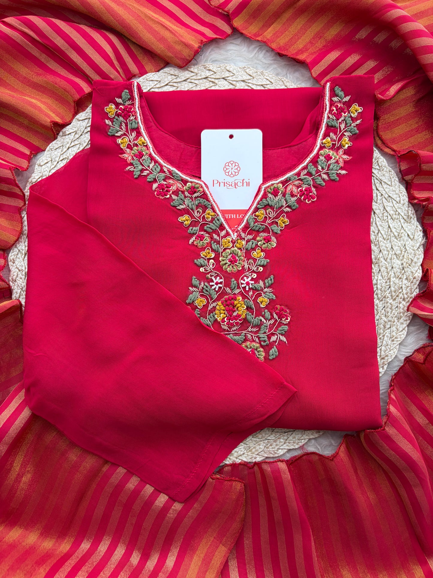 Pink Zardozi Embroidered Kurta Set for with Broad Antique Gold Hem Border, Pants & Dupatta | Traditional Ethnic Suit