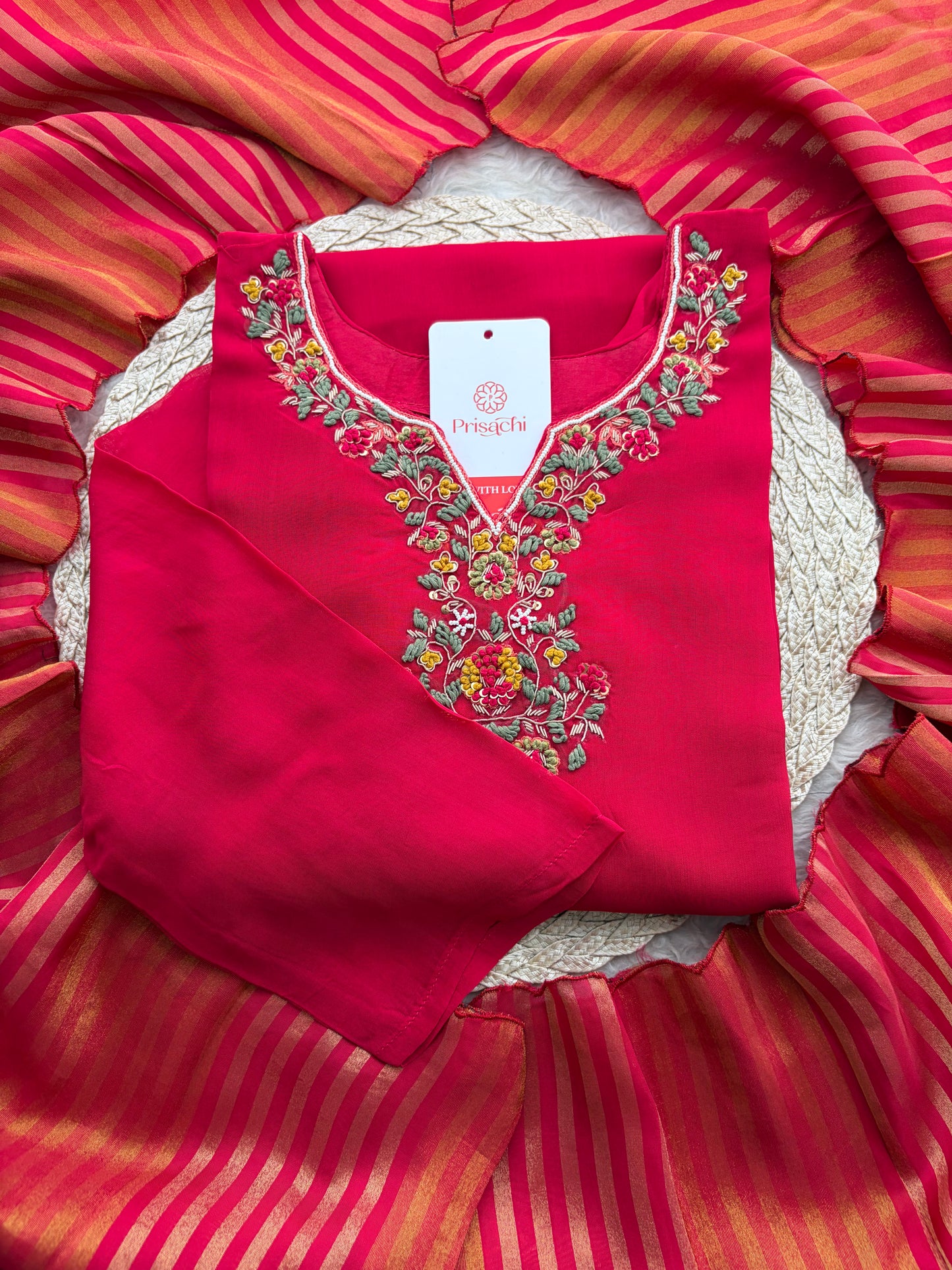 Pink Zardozi Embroidered Kurta Set for with Broad Antique Gold Hem Border, Pants & Dupatta | Traditional Ethnic Suit