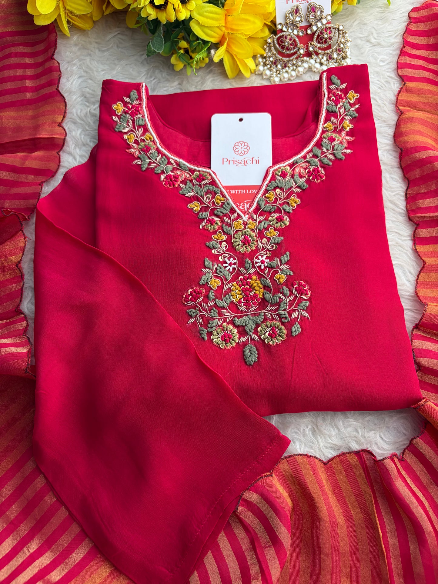 Pink Zardozi Embroidered Kurta Set for with Broad Antique Gold Hem Border, Pants & Dupatta | Traditional Ethnic Suit