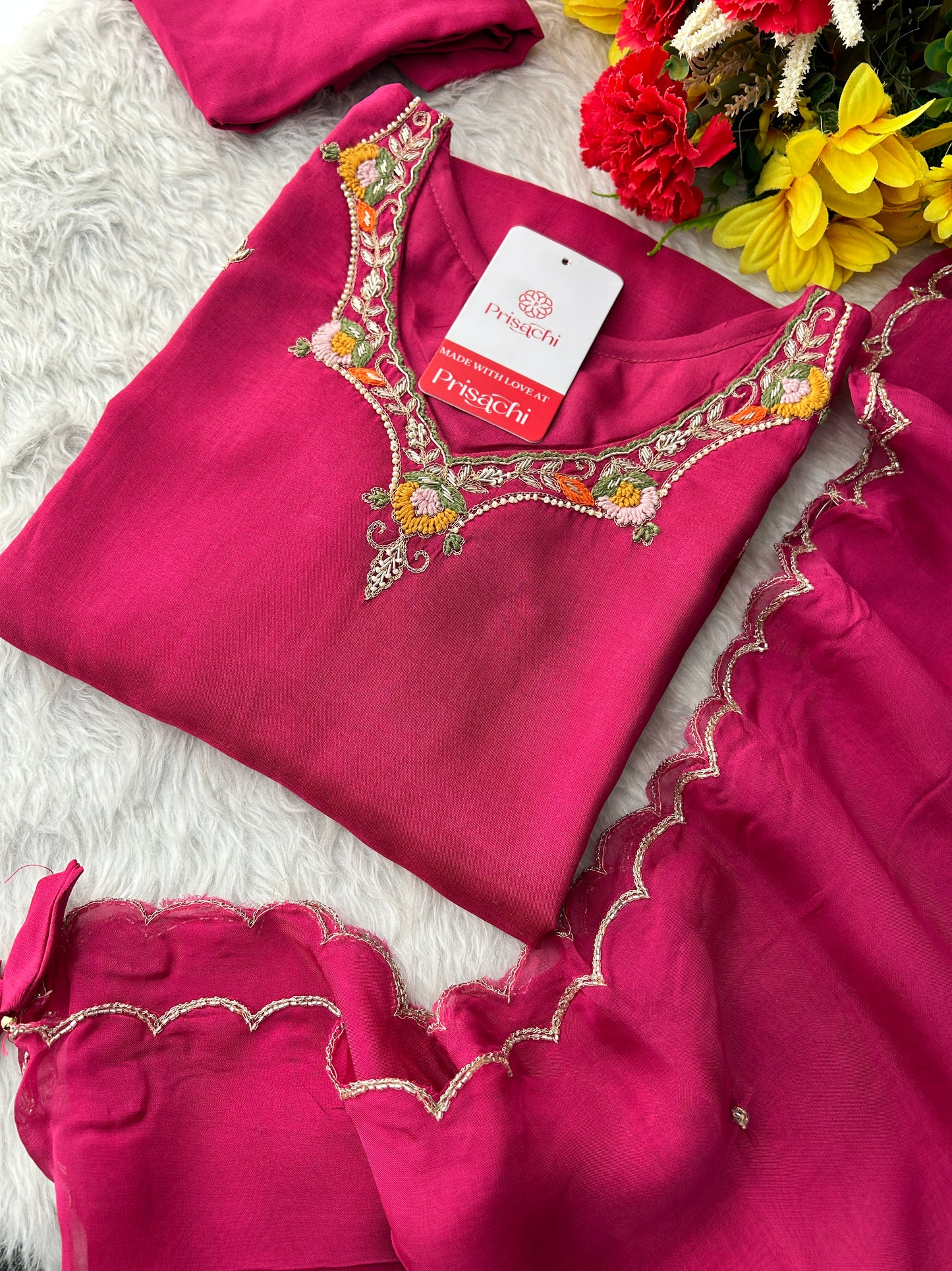 Pink Embroidered Kurta Set for Women with Pants & Dupatta | Traditional Ethnic Wear