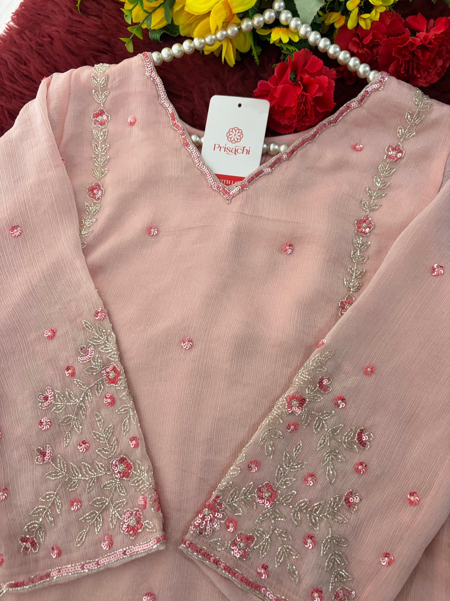 Baby Pink Embroidered A-Line Ethnic Kurta Set with Dupatta & Pants | Festive & Traditional Wear