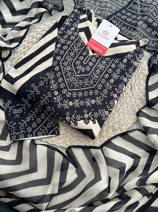 Black Chevron Print Kurta Set with Pants & Dupatta| Embroidered Yoke Ethnic Office & Festive Wear