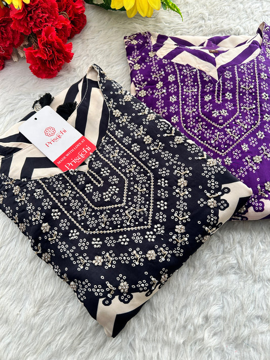 Designer Chevron Print Kurta Set with Pants & Dupatta| Embroidered Yoke Ethnic Office & Festive Wear
