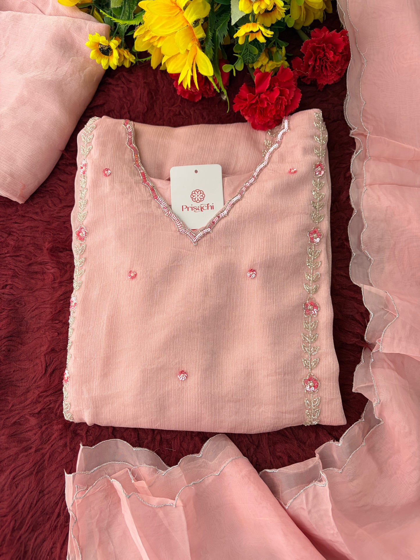 Baby Pink Embroidered A-Line Ethnic Kurta Set with Dupatta & Pants | Festive & Traditional Wear