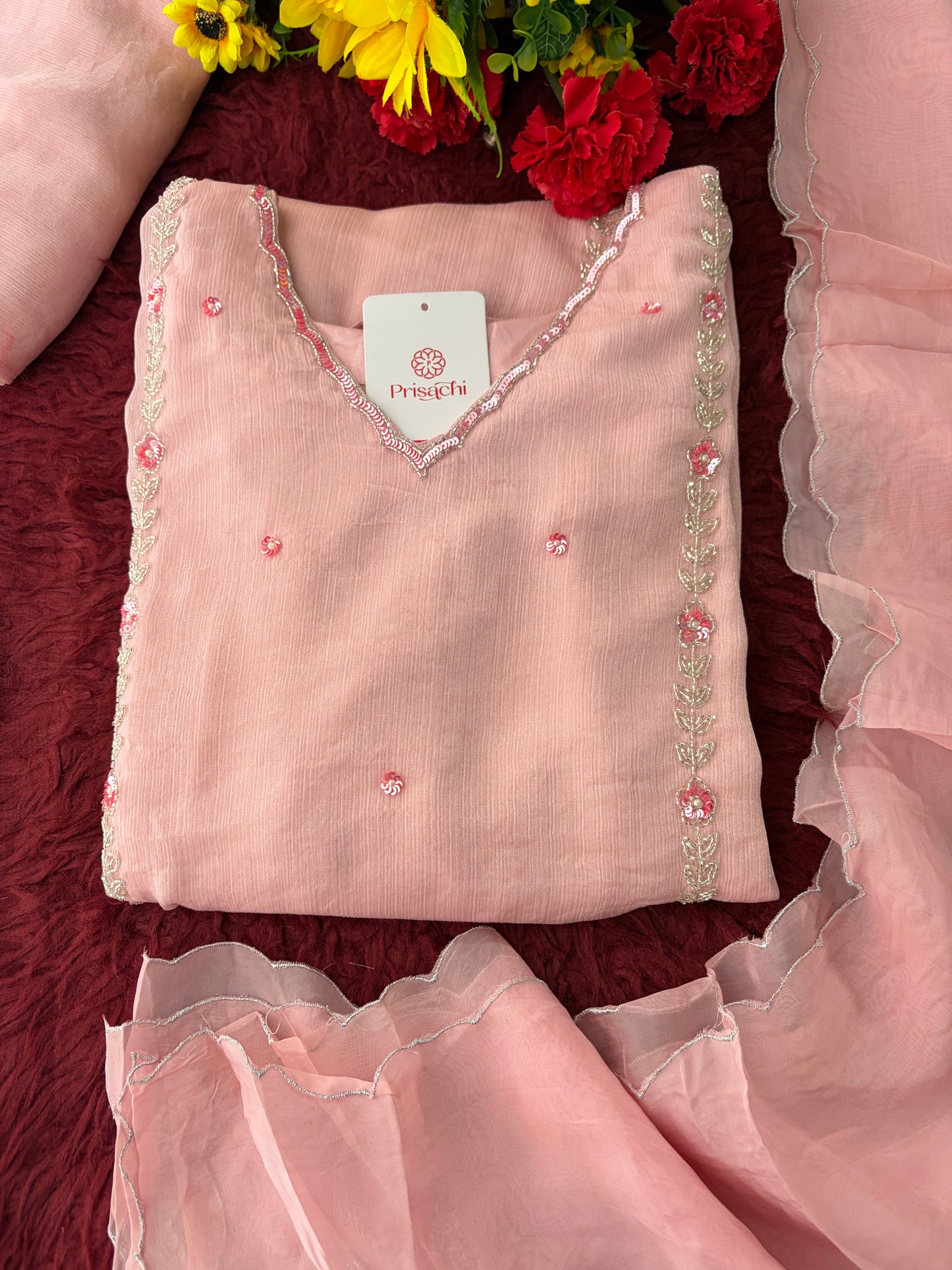 Baby Pink Embroidered A-Line Ethnic Kurta Set with Dupatta & Pants | Festive & Traditional Wear