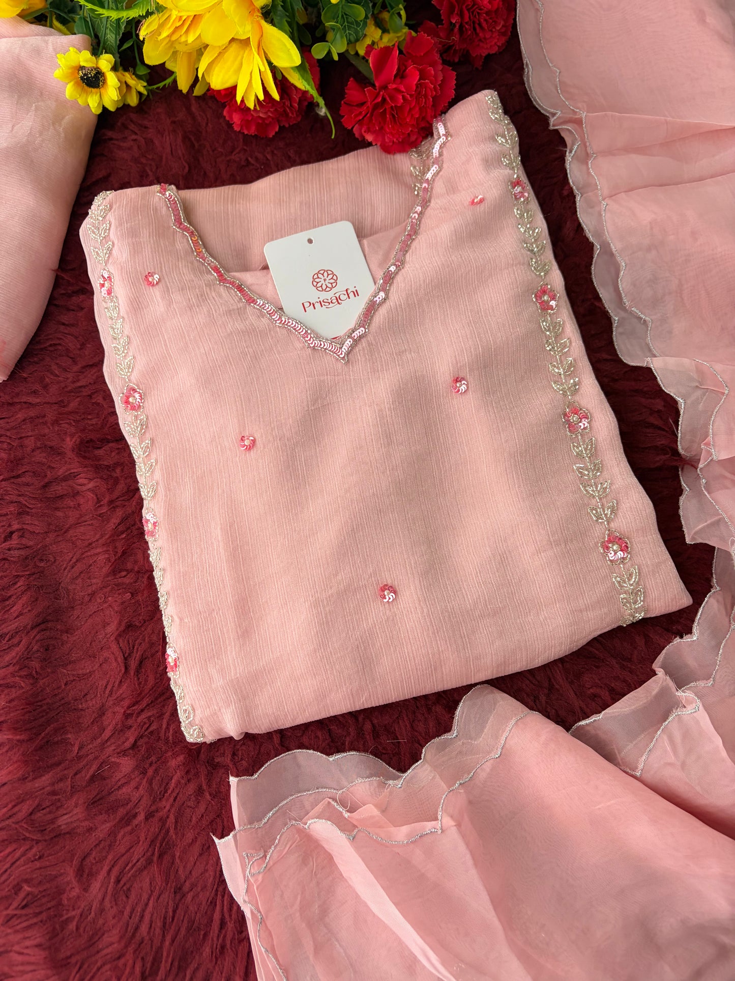 Baby Pink Embroidered A-Line Ethnic Kurta Set with Dupatta & Pants | Festive & Traditional Wear