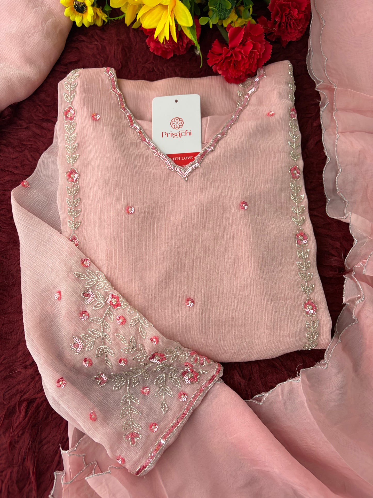 Baby Pink Embroidered A-Line Ethnic Kurta Set with Dupatta & Pants | Festive & Traditional Wear