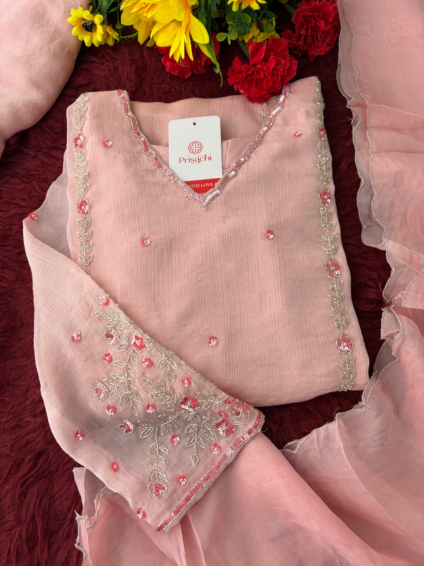 Baby Pink Embroidered A-Line Ethnic Kurta Set with Dupatta & Pants | Festive & Traditional Wear