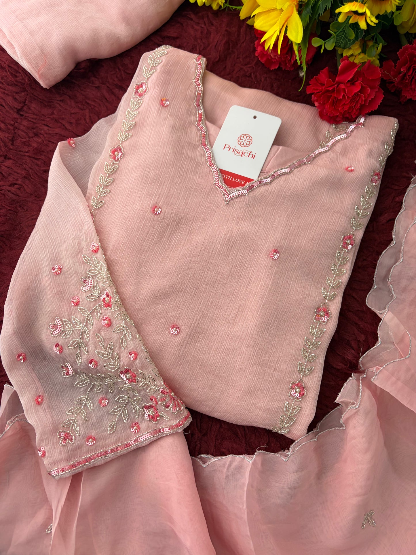 Baby Pink Embroidered A-Line Ethnic Kurta Set with Dupatta & Pants | Festive & Traditional Wear