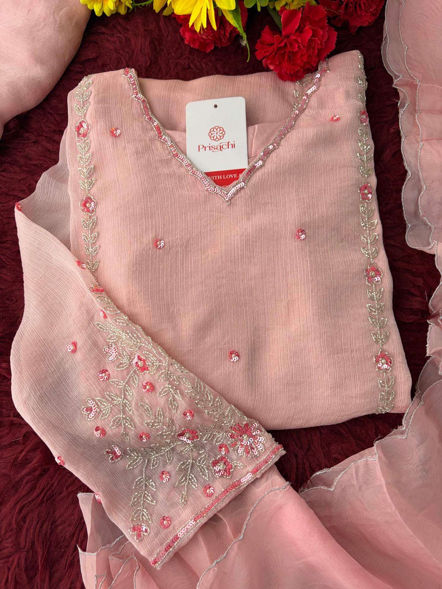 Baby Pink Embroidered A-Line Ethnic Kurta Set with Dupatta & Pants | Festive & Traditional Wear