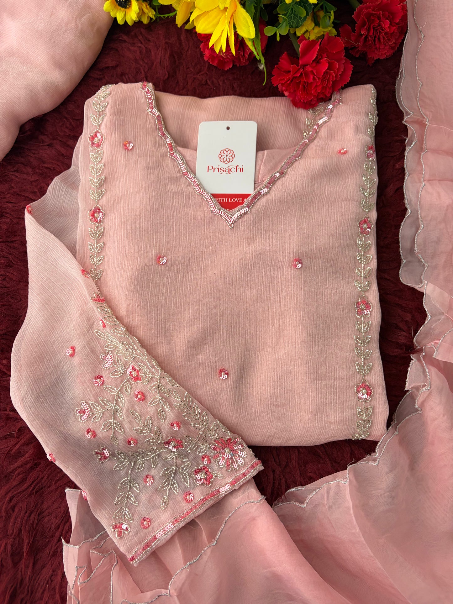 Baby Pink Embroidered A-Line Ethnic Kurta Set with Dupatta & Pants | Festive & Traditional Wear