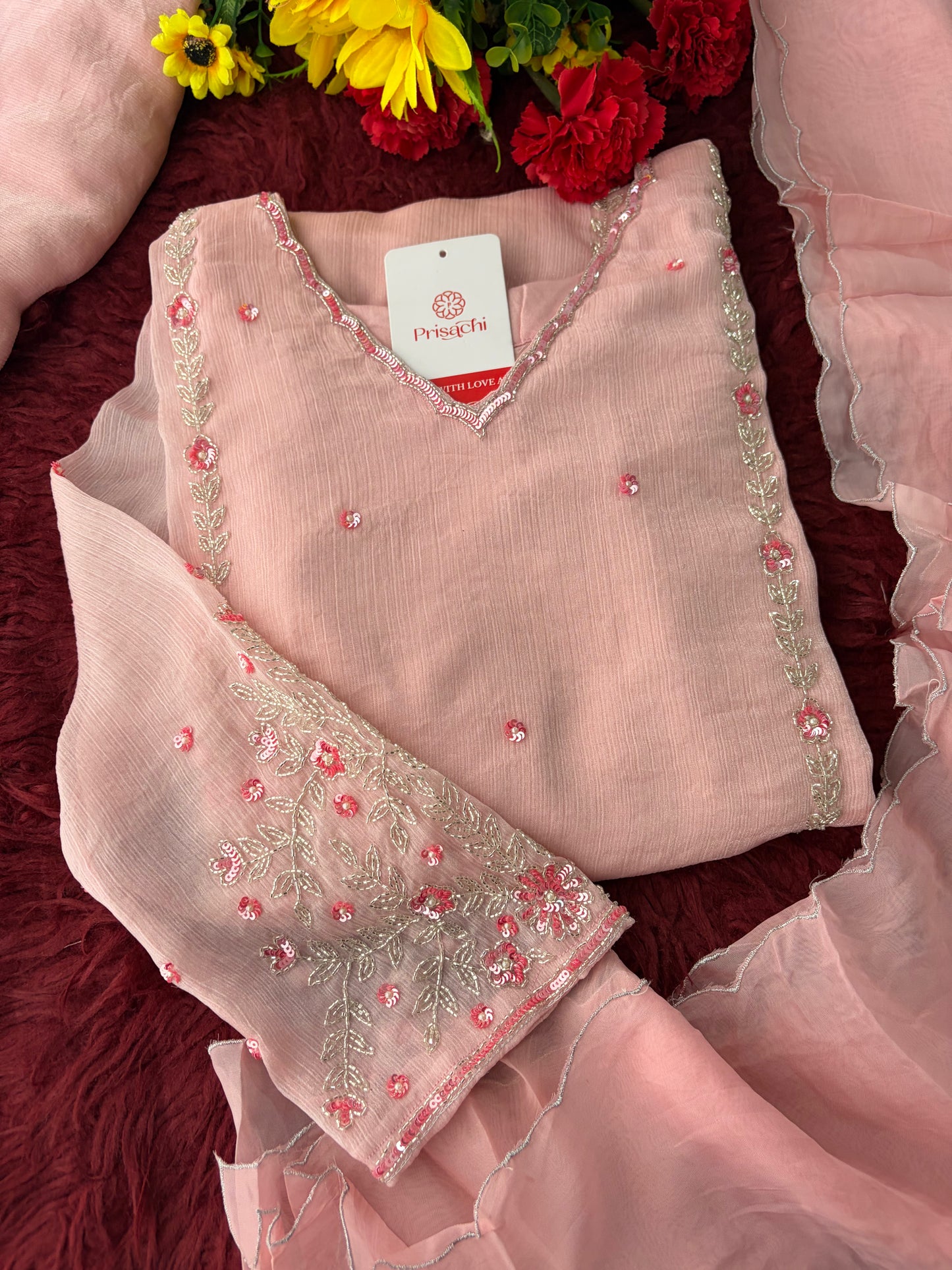 Baby Pink Embroidered A-Line Ethnic Kurta Set with Dupatta & Pants | Festive & Traditional Wear