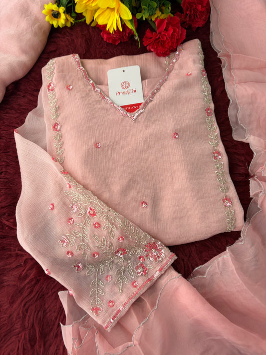 Baby Pink Embroidered A-Line Ethnic Kurta Set with Dupatta & Pants | Festive & Traditional Wear