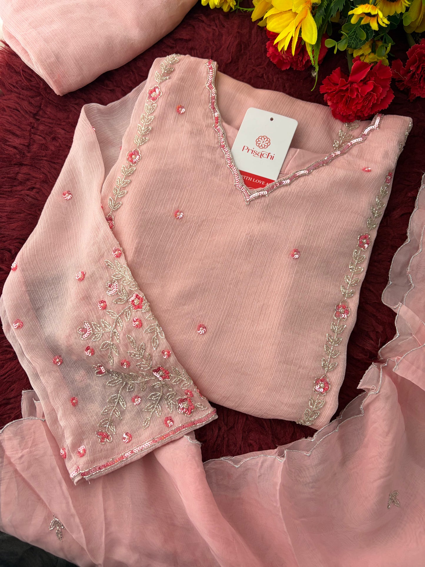 Baby Pink Embroidered A-Line Ethnic Kurta Set with Dupatta & Pants | Festive & Traditional Wear