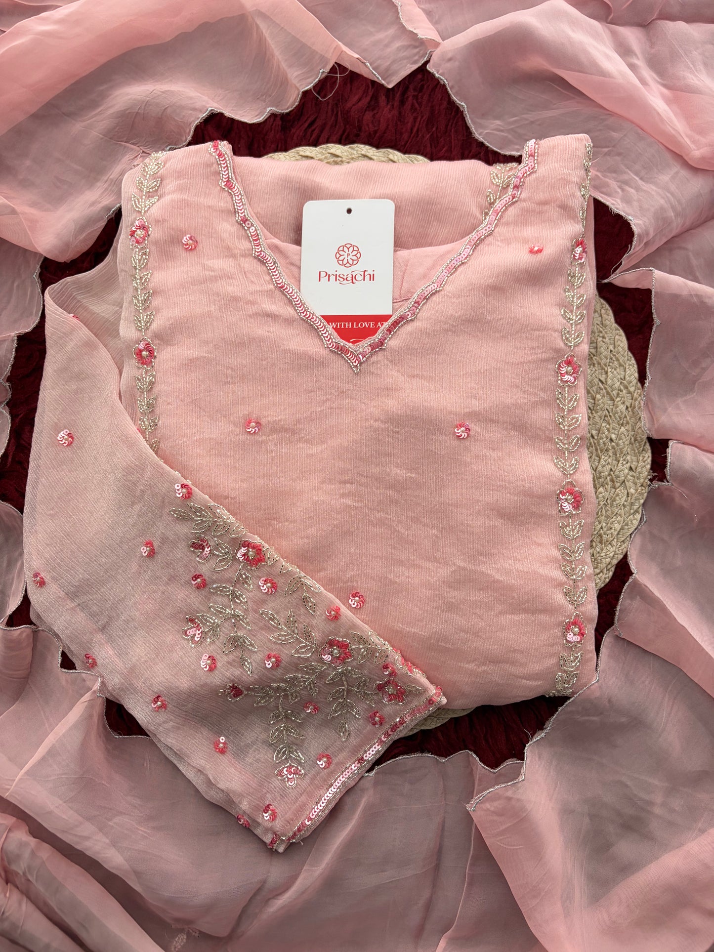 Baby Pink Embroidered A-Line Ethnic Kurta Set with Dupatta & Pants | Festive & Traditional Wear