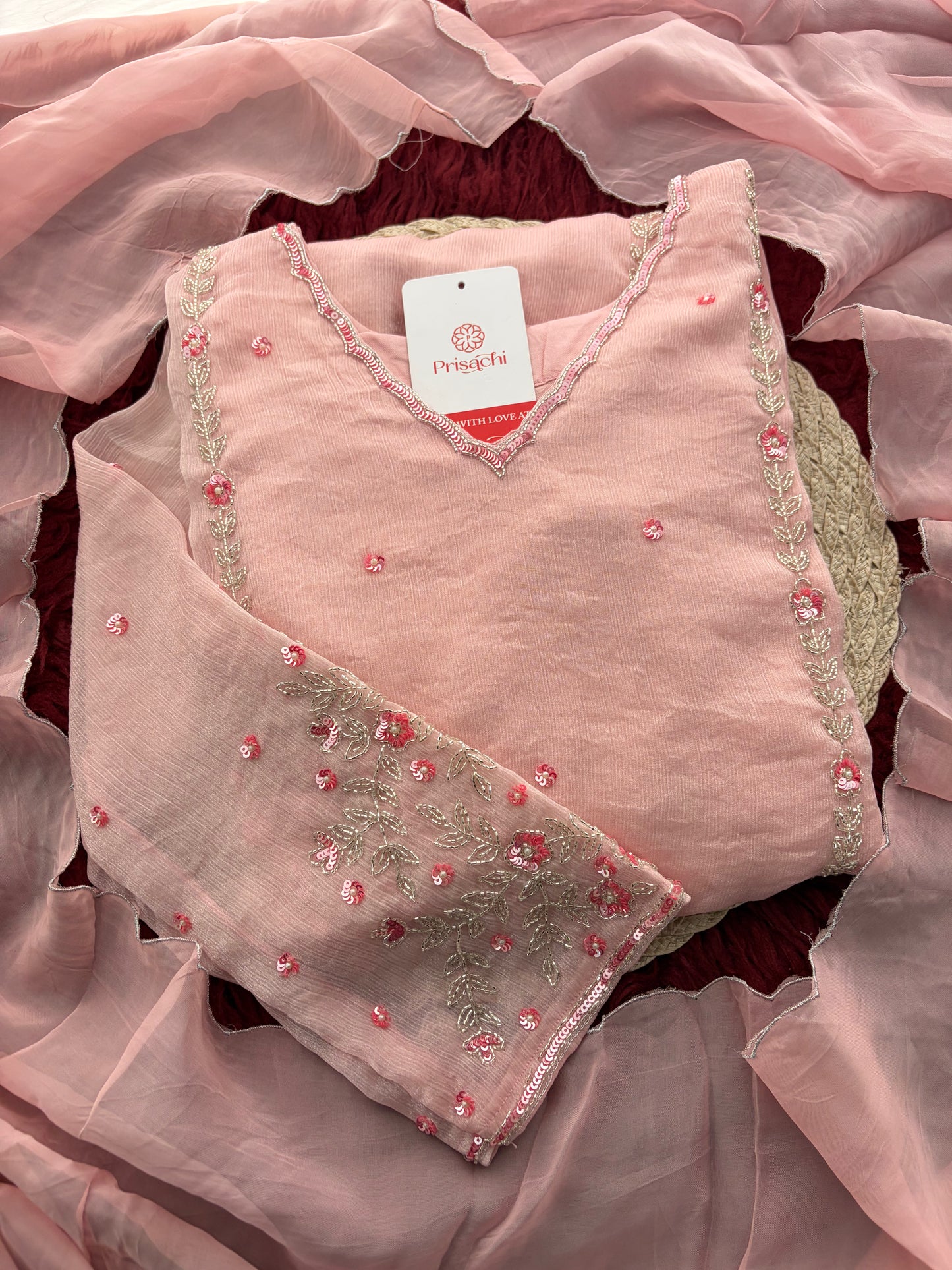 Baby Pink Embroidered A-Line Ethnic Kurta Set with Dupatta & Pants | Festive & Traditional Wear