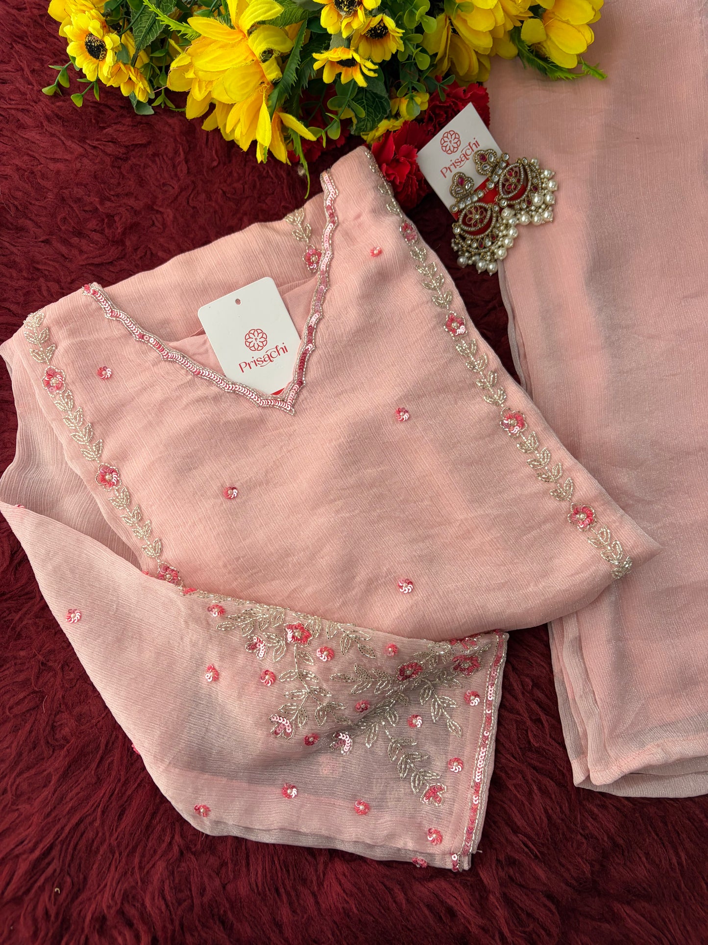 Baby Pink Embroidered A-Line Ethnic Kurta Set with Dupatta & Pants | Festive & Traditional Wear