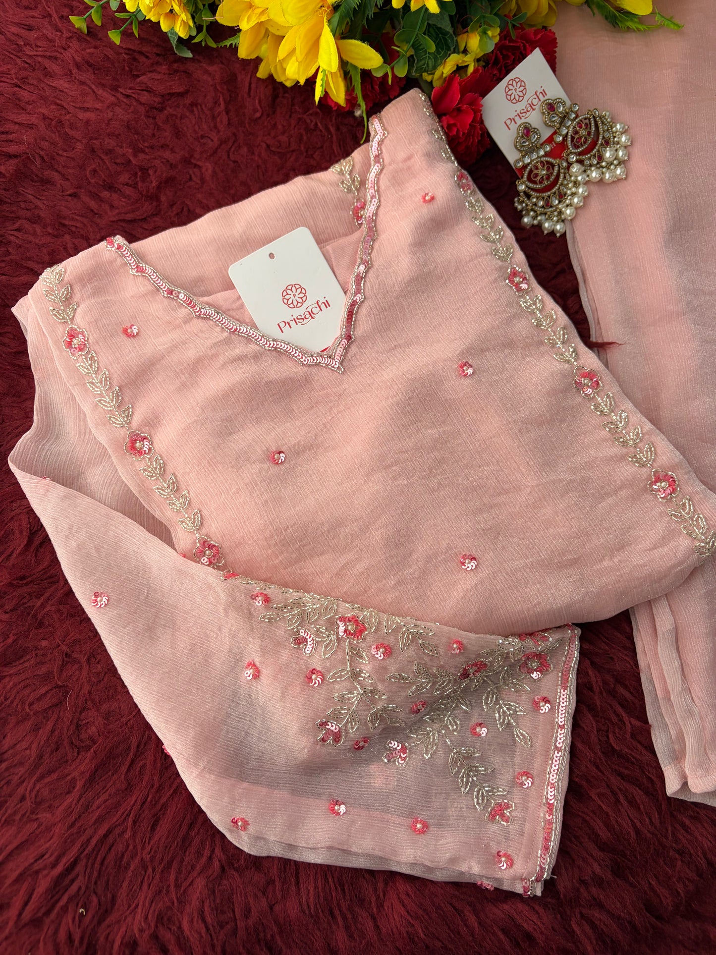 Baby Pink Embroidered A-Line Ethnic Kurta Set with Dupatta & Pants | Festive & Traditional Wear