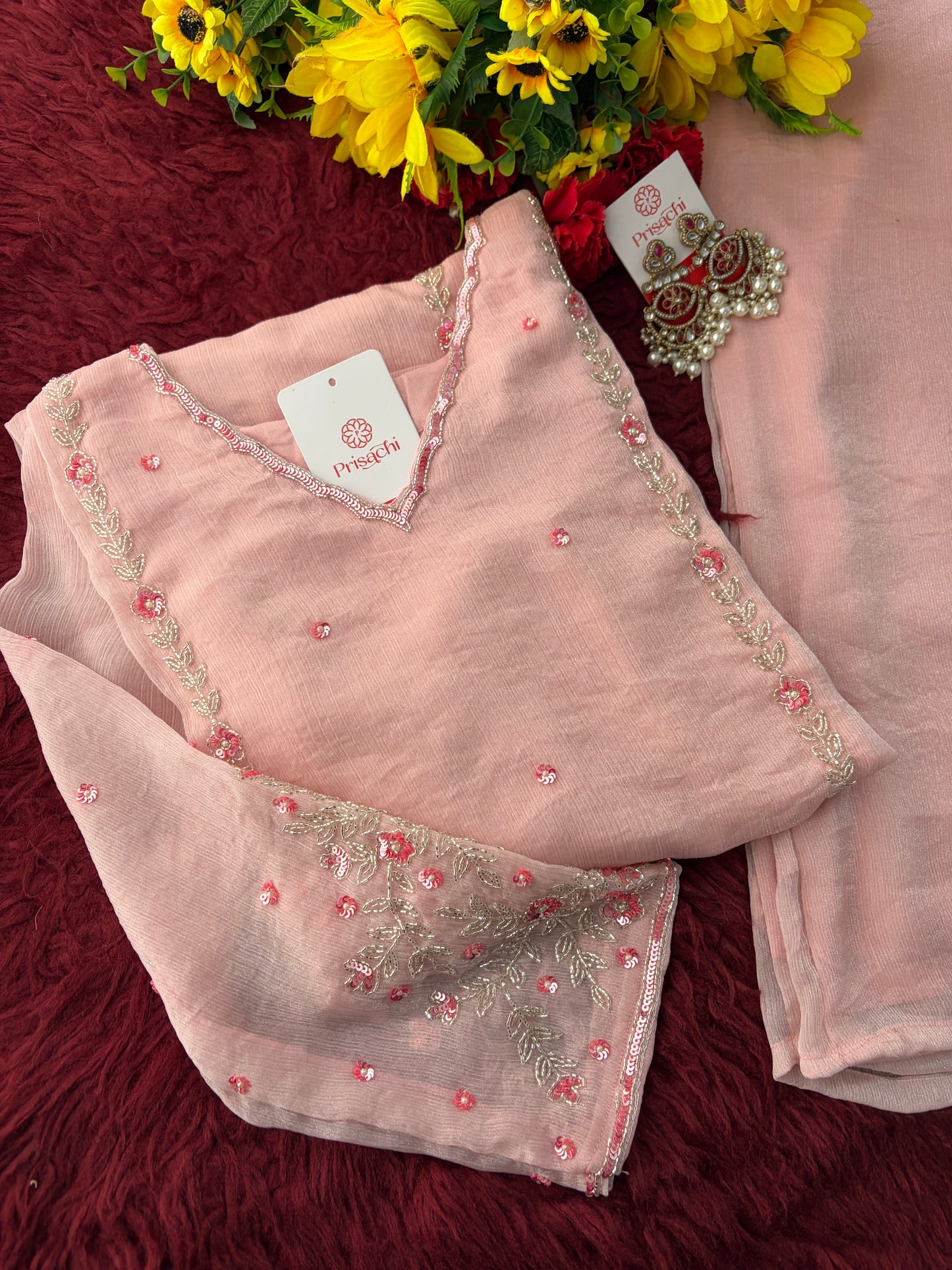 Baby Pink Embroidered A-Line Ethnic Kurta Set with Dupatta & Pants | Festive & Traditional Wear