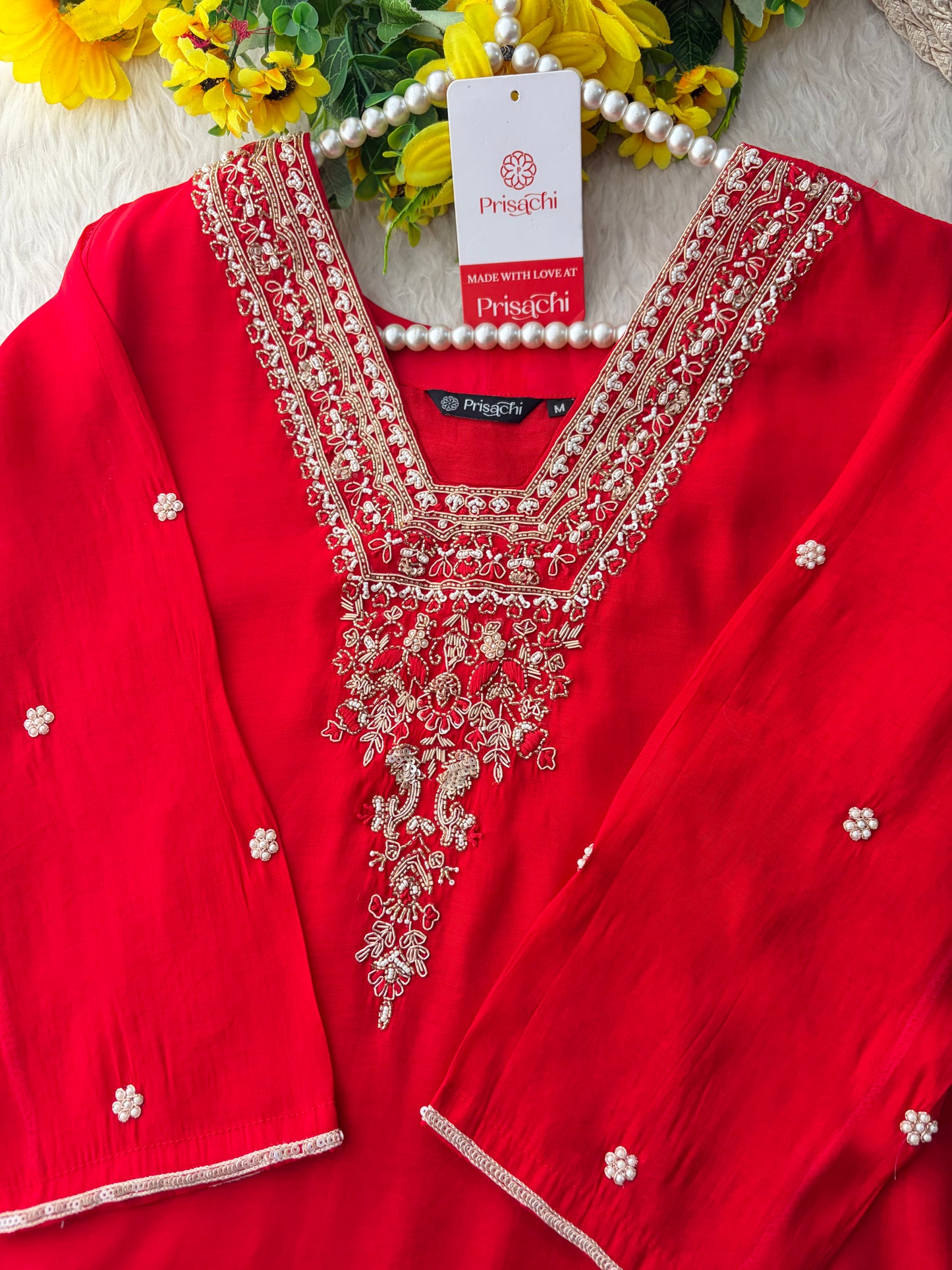 Royal Red Embroidered Straight Kurta Set with Dupatta and Pants