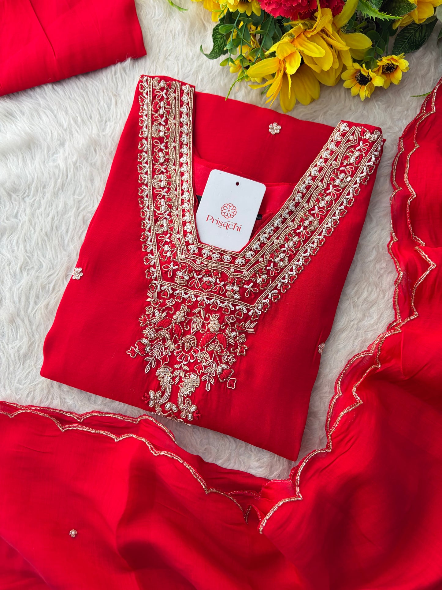 Royal Red Embroidered Straight Kurta Set with Dupatta and Pants