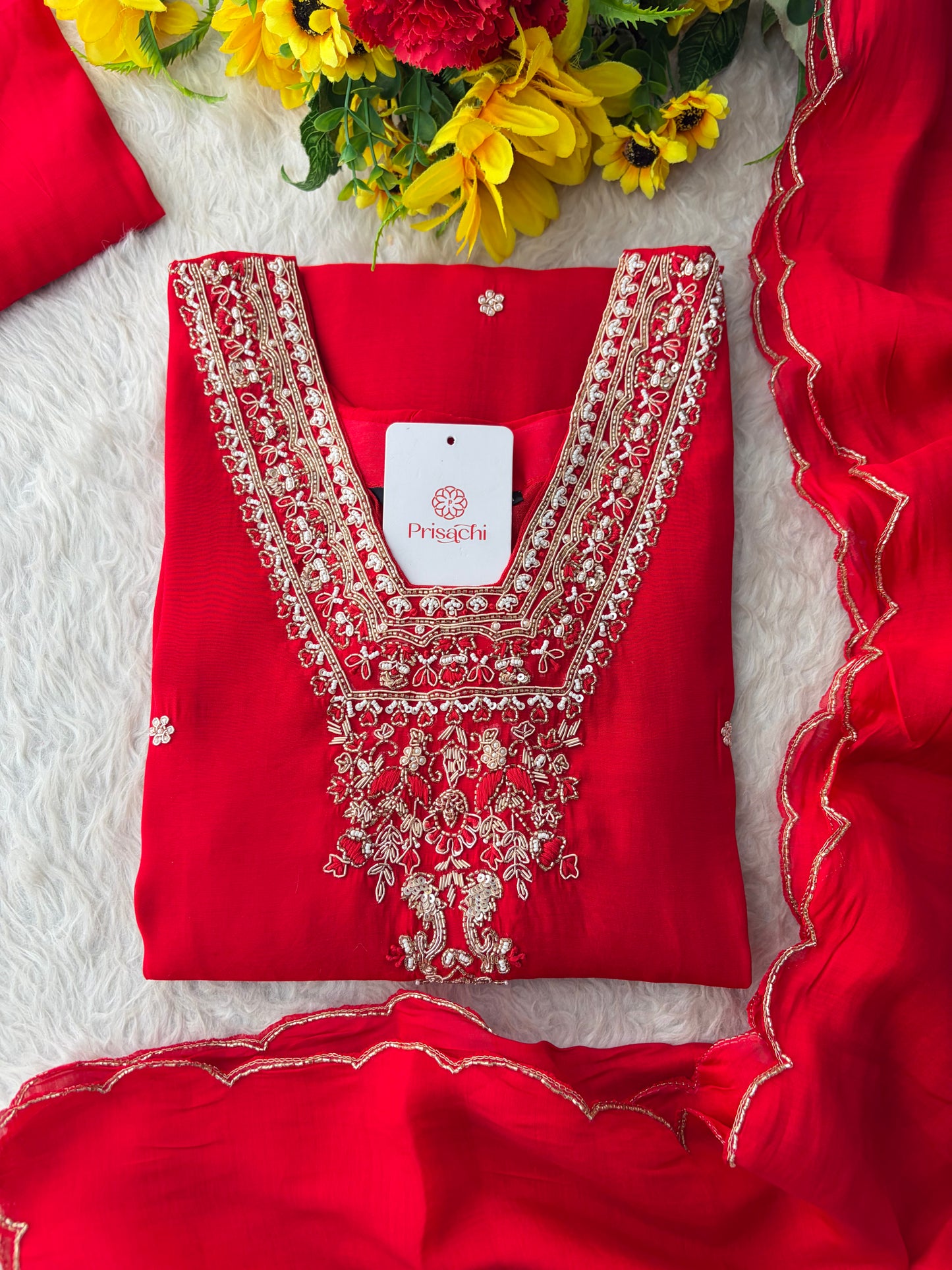 Royal Red Embroidered Straight Kurta Set with Dupatta and Pants
