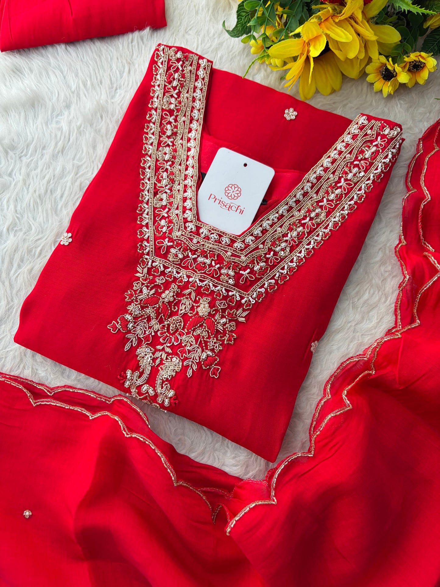 Royal Red Embroidered Straight Kurta Set with Dupatta and Pants