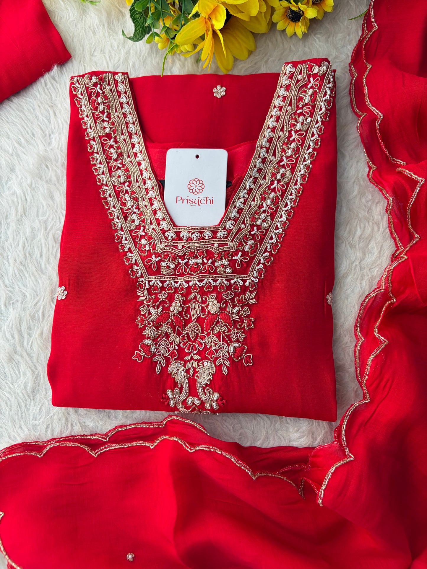 Royal Red Embroidered Straight Kurta Set with Dupatta and Pants