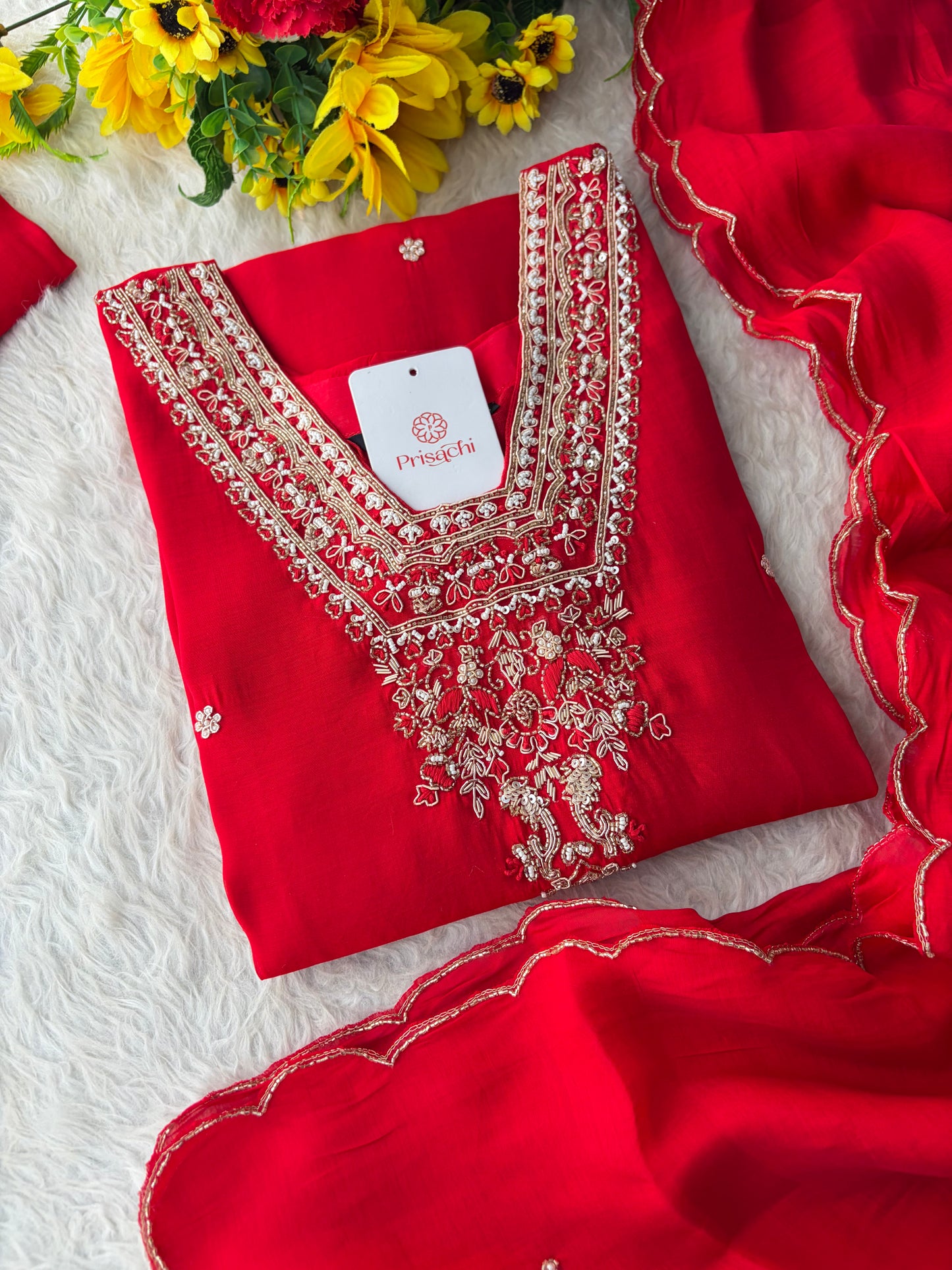 Royal Red Embroidered Straight Kurta Set with Dupatta and Pants