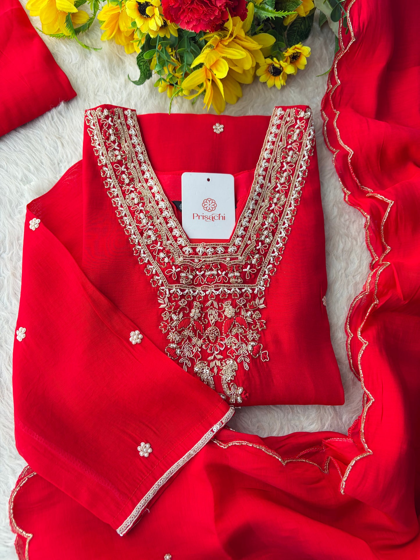 Royal Red Embroidered Straight Kurta Set with Dupatta and Pants