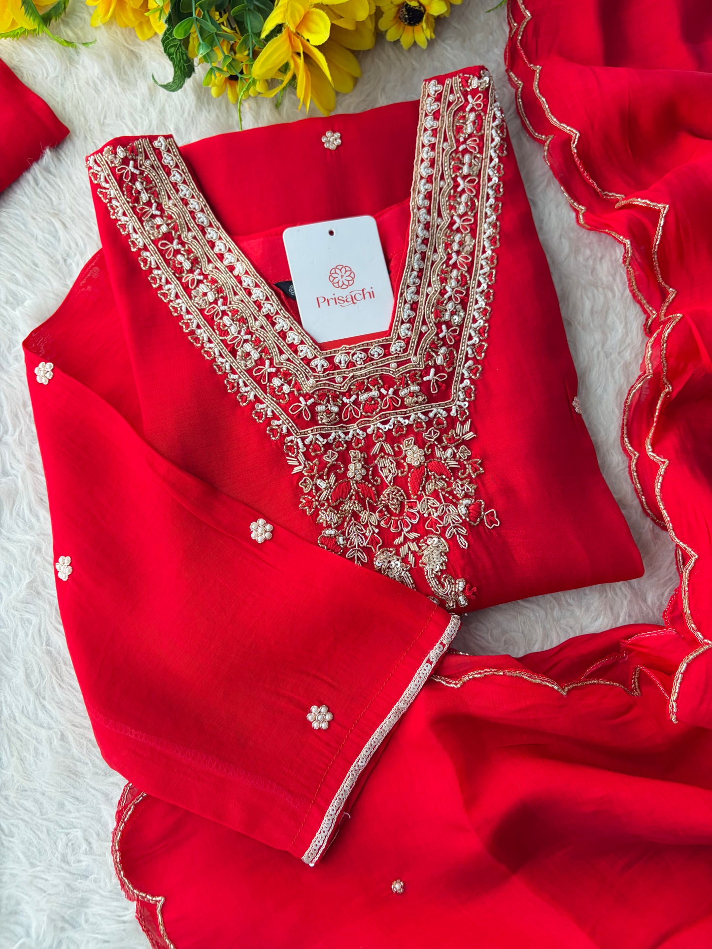 Royal Red Embroidered Straight Kurta Set with Dupatta and Pants