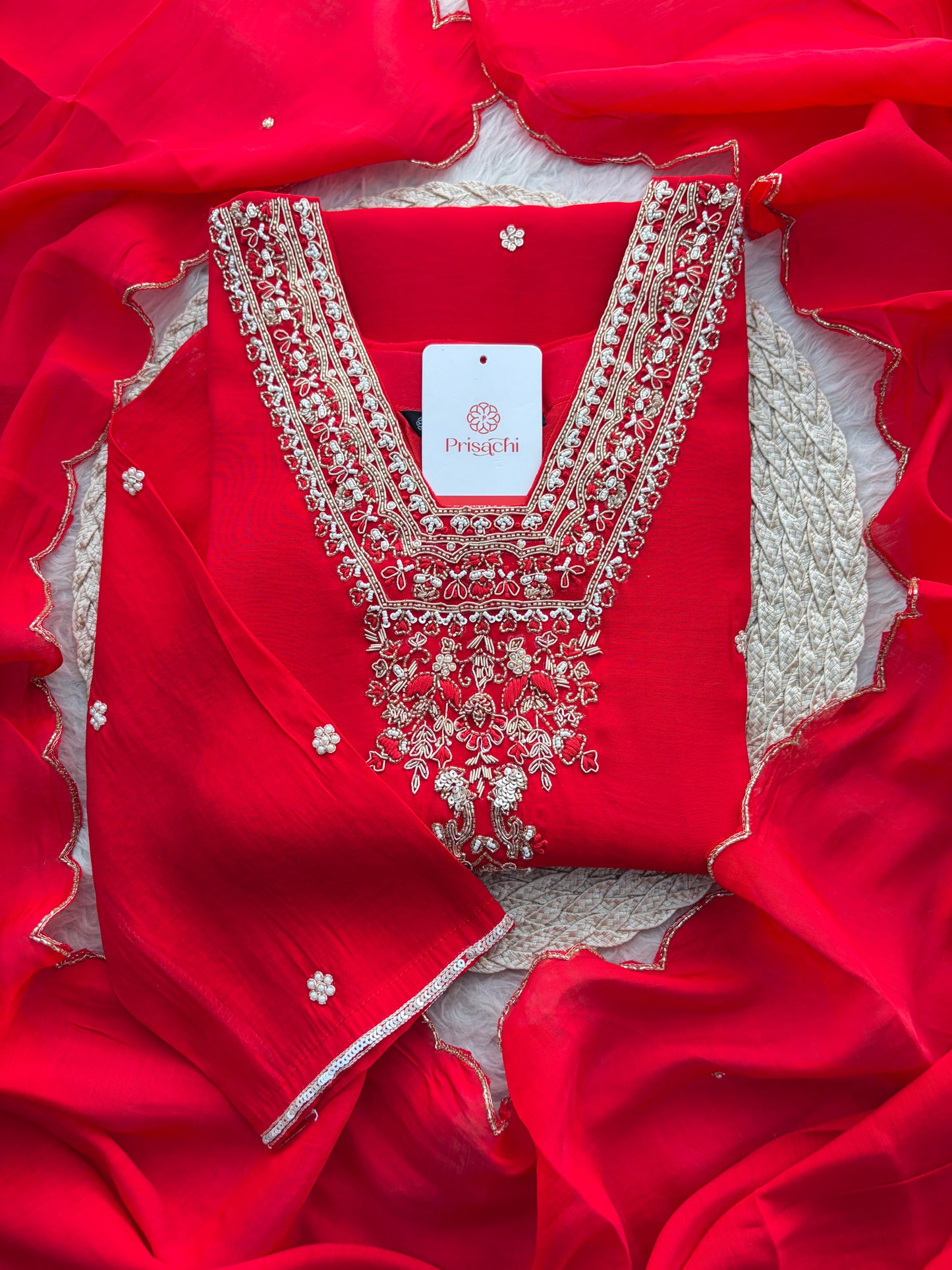 Royal Red Embroidered Straight Kurta Set with Dupatta and Pants