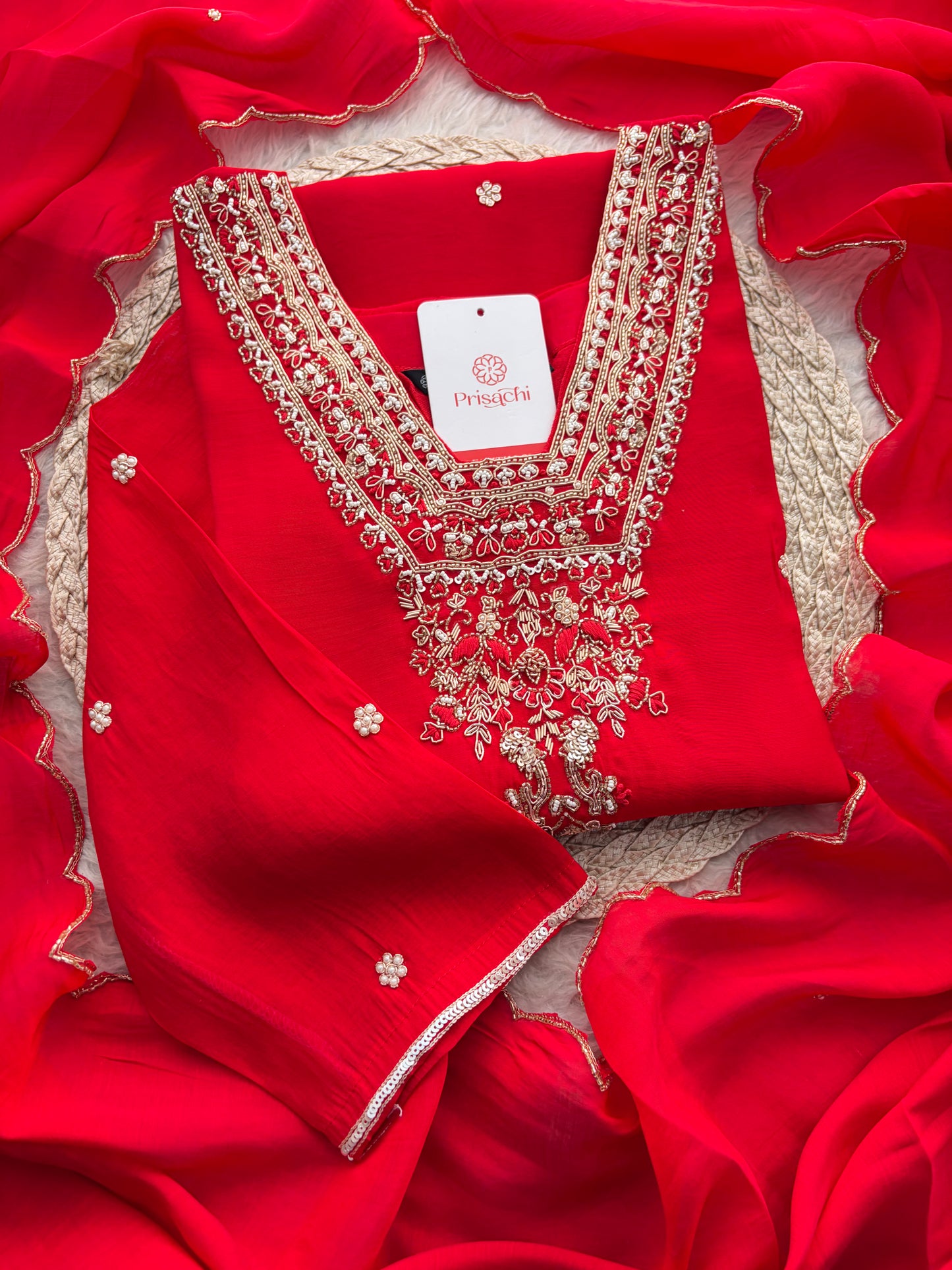 Royal Red Embroidered Straight Kurta Set with Dupatta and Pants
