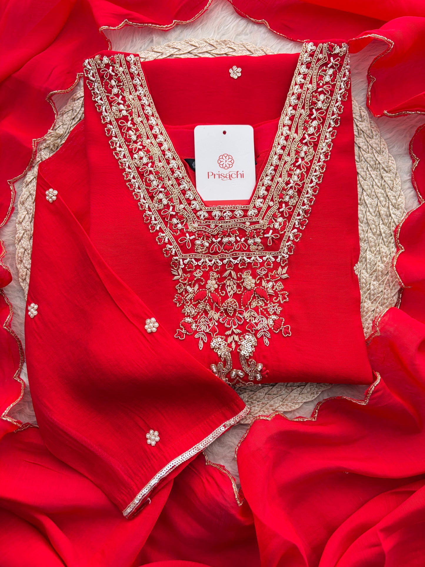Royal Red Embroidered Straight Kurta Set with Dupatta and Pants