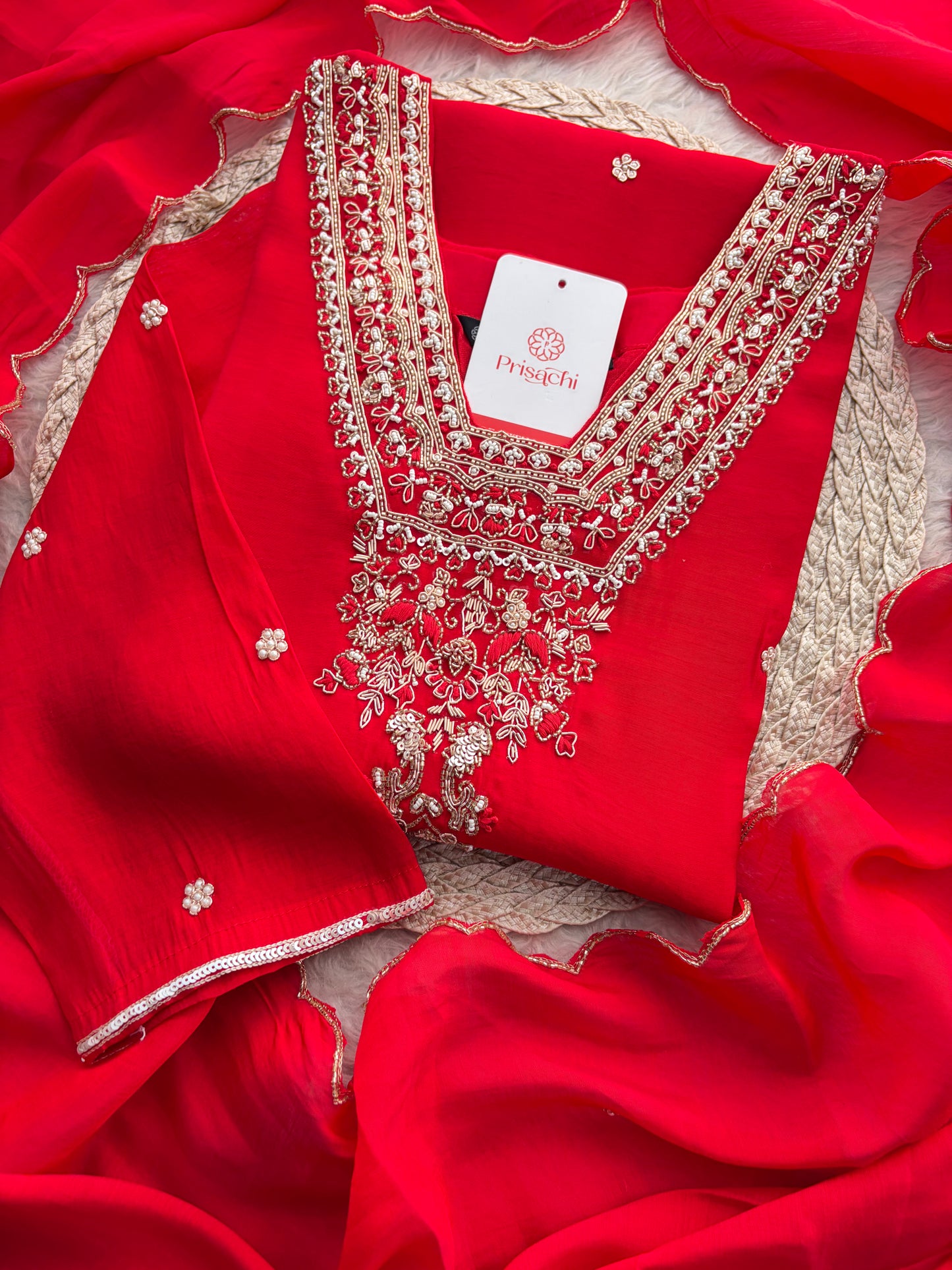 Royal Red Embroidered Straight Kurta Set with Dupatta and Pants
