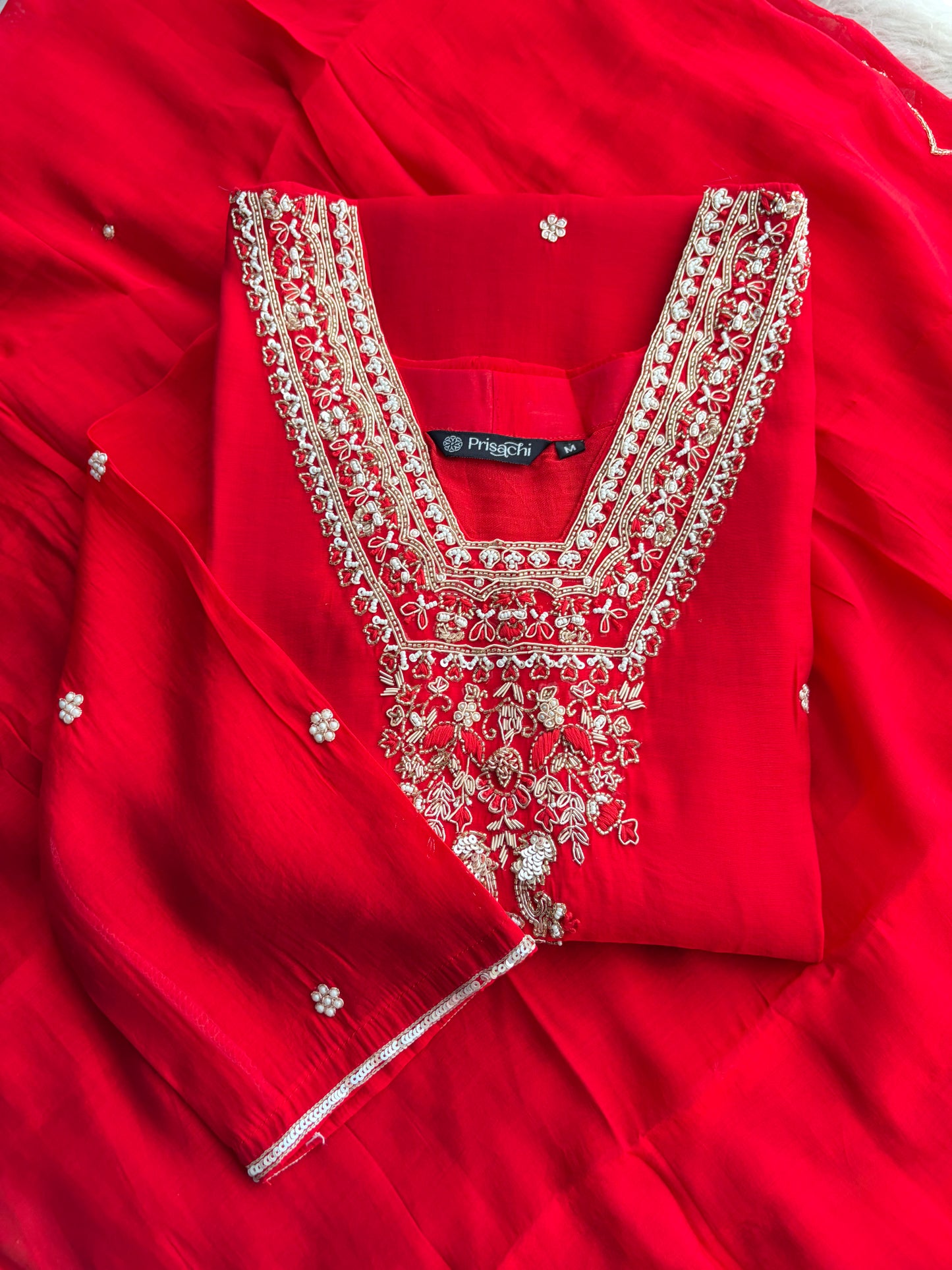 Royal Red Embroidered Straight Kurta Set with Dupatta and Pants