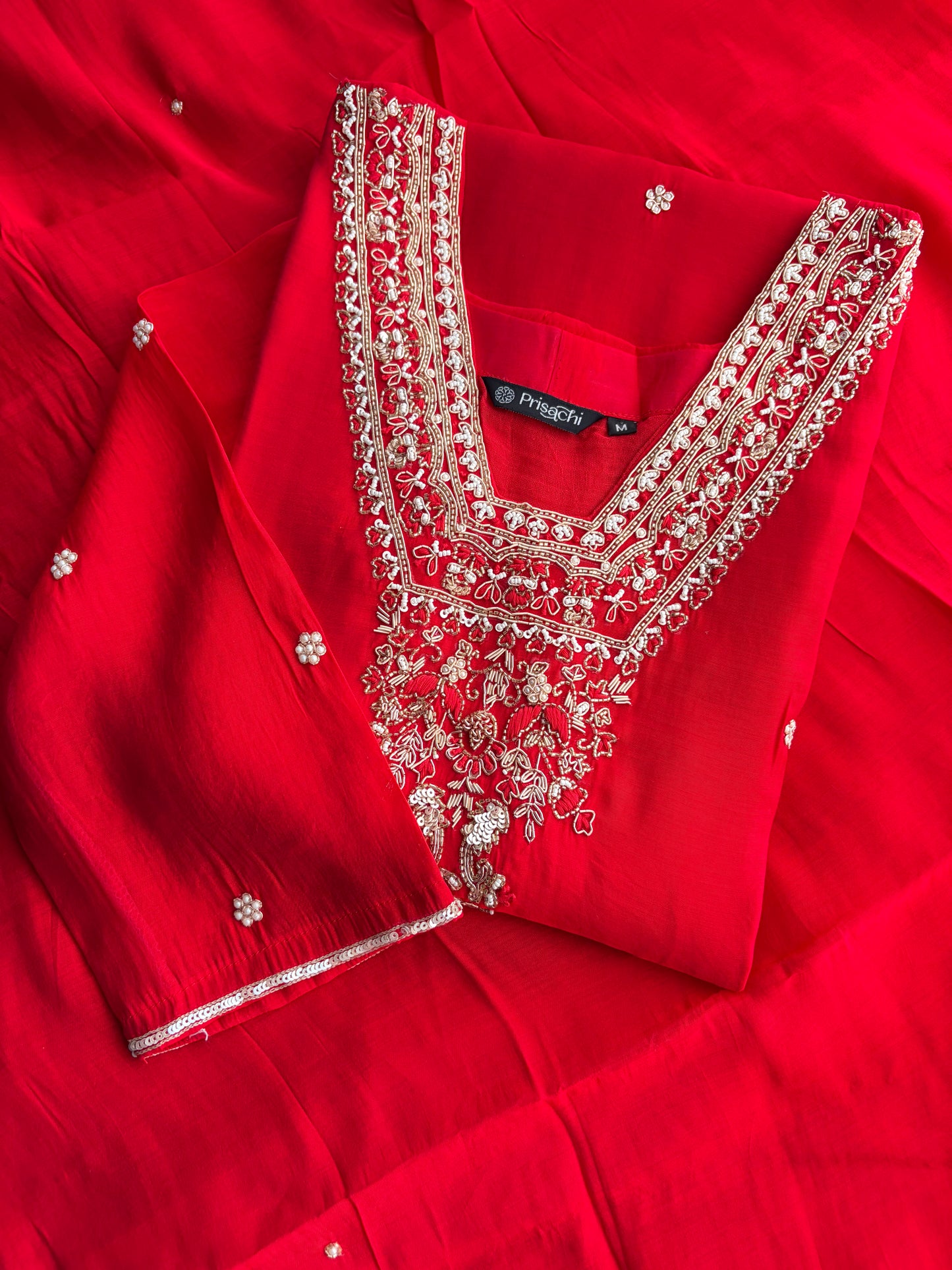 Royal Red Embroidered Straight Kurta Set with Dupatta and Pants