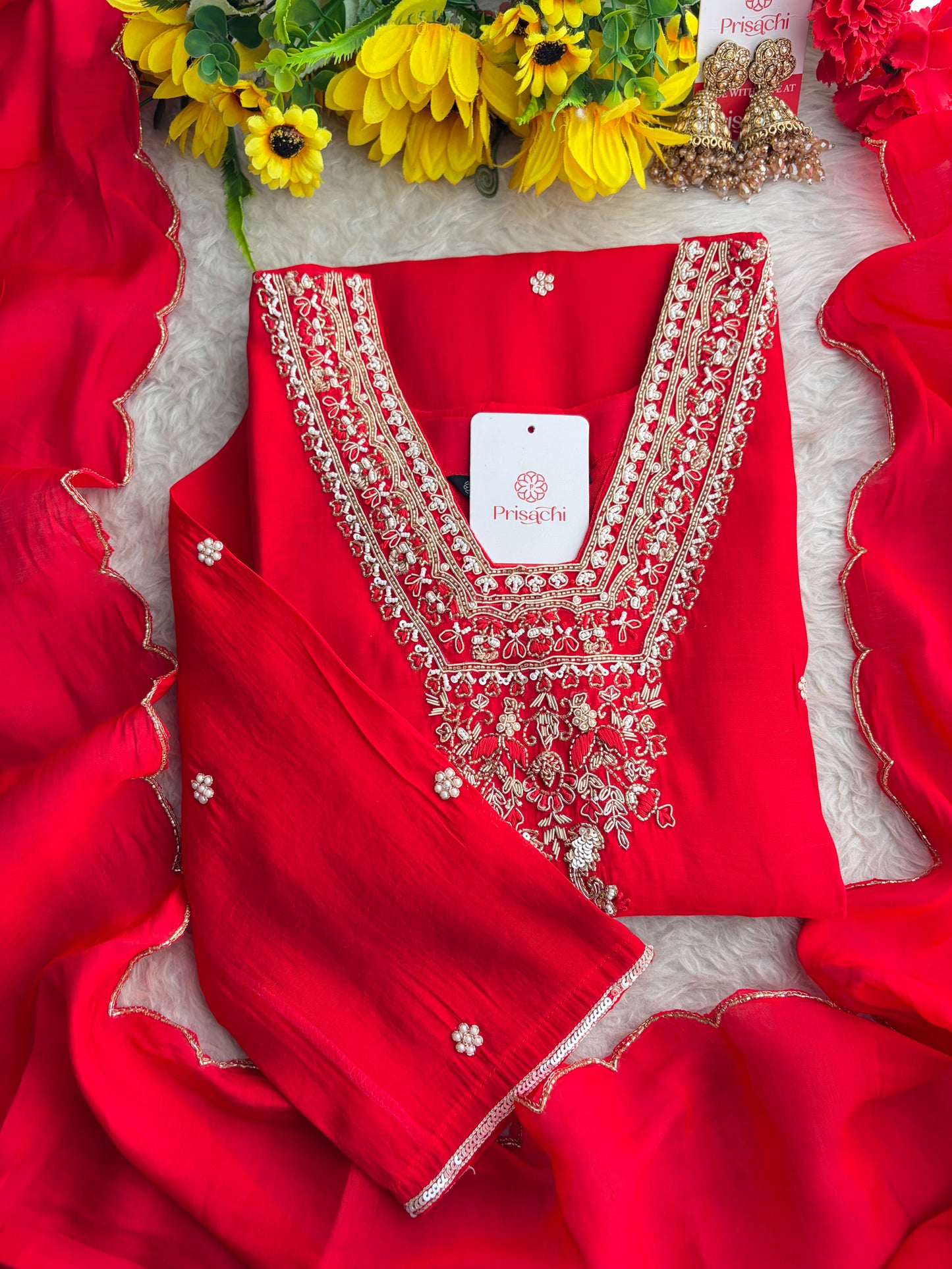 Royal Red Embroidered Straight Kurta Set with Dupatta and Pants