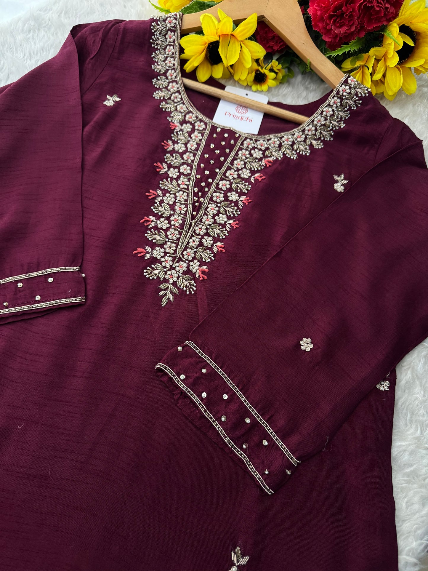 Wine Embroidered Designer Ethnic Kurta Set with Pants & Banarasi Dupatta | Festive and Traditional Wear