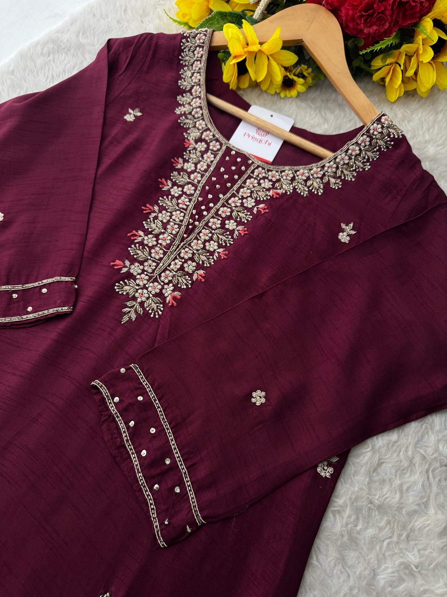 Wine Embroidered Designer Ethnic Kurta Set with Pants & Banarasi Dupatta | Festive and Traditional Wear